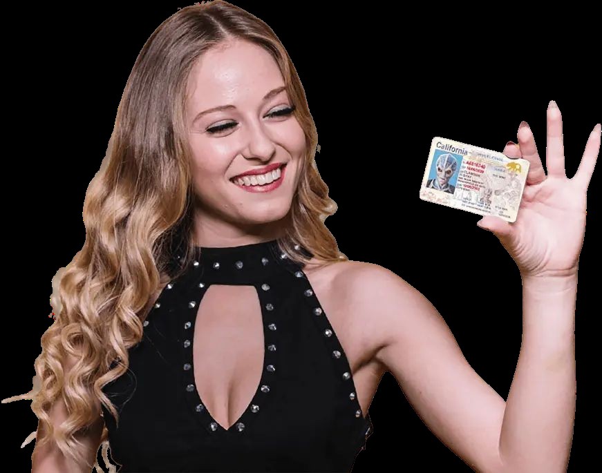 Lady holding a JayCards fake ID